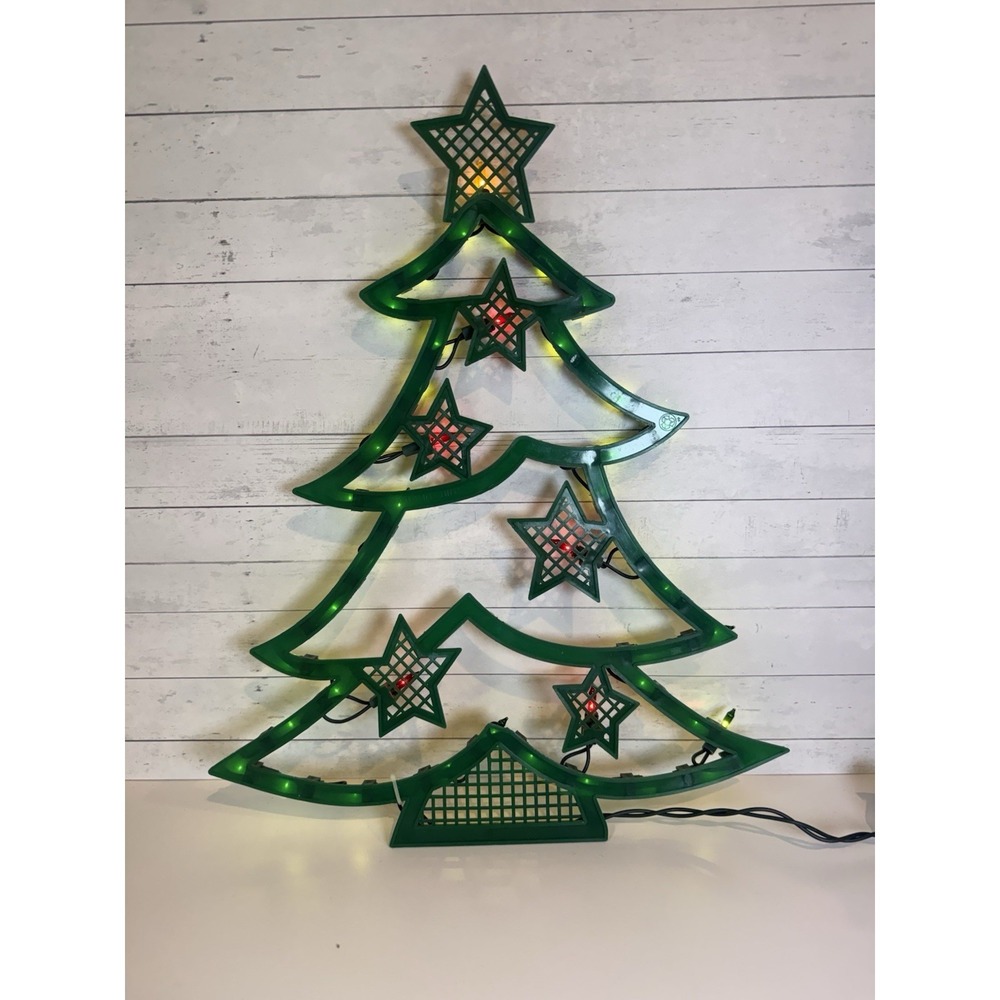 Plastic Lighted Christmas Tree Wall Decor 17.5" x 14" Holiday